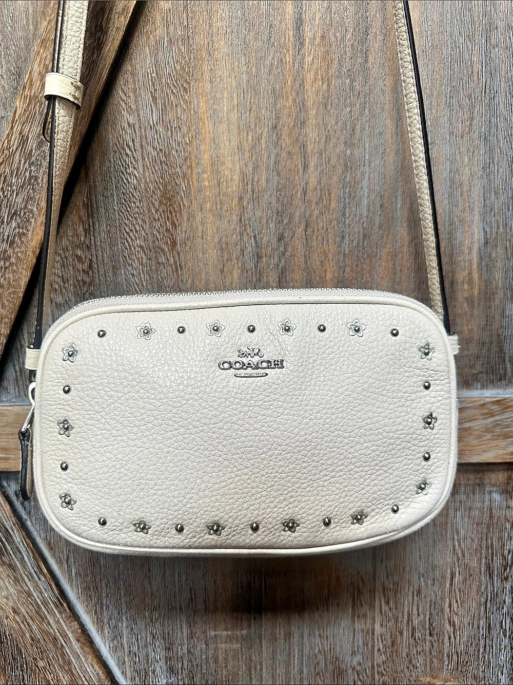Coach Mini Jamie Camera Bag in Chalk White Pebble Leather Silver Floral Rivets